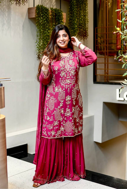 Ravishing Pink Color Sequence Work Georgette Sharara Suit