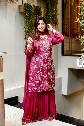Ravishing Pink Color Sequence Work Georgette Sharara Suit