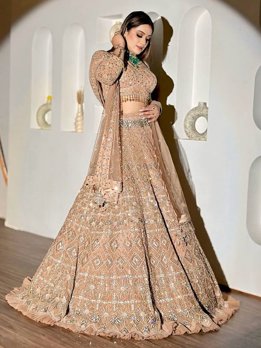 Wedding Collection Beige Color Net Embroidery Lehenga Choli