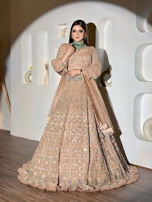 Wedding Collection Beige Color Net Embroidery Lehenga Choli