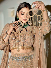 Wedding Collection Beige Color Net Embroidery Lehenga Choli