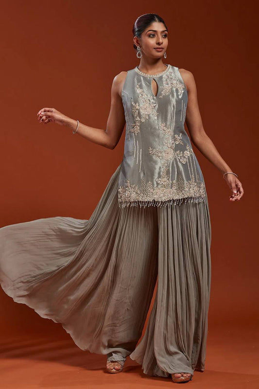 Alluring Gray Color Embroidery Work Palazzo Suit