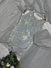 Alluring Gray Color Embroidery Work Palazzo Suit