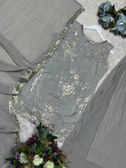 Alluring Gray Color Embroidery Work Palazzo Suit