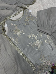 Alluring Gray Color Embroidery Work Palazzo Suit
