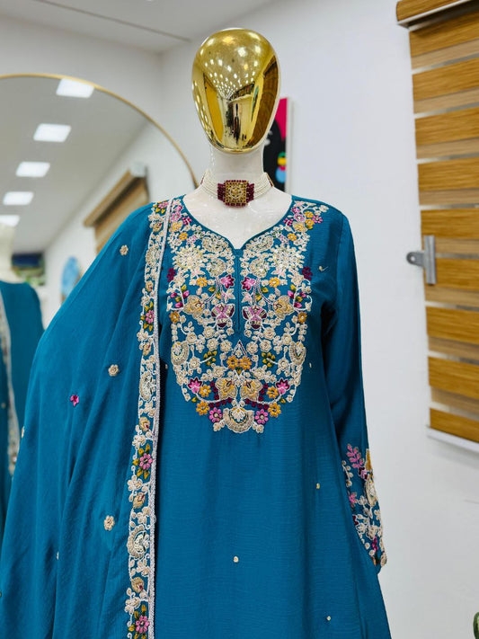 Admiring Blue Embroidery Work Sharara Suit