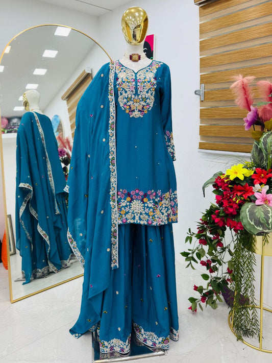 Admiring Blue Embroidery Work Sharara Suit