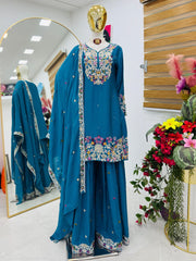 Admiring Blue Embroidery Work Sharara Suit