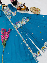 Admiring Blue Embroidery Work Sharara Suit