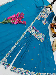 Admiring Blue Embroidery Work Sharara Suit