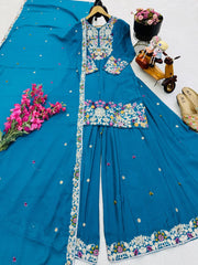 Admiring Blue Embroidery Work Sharara Suit