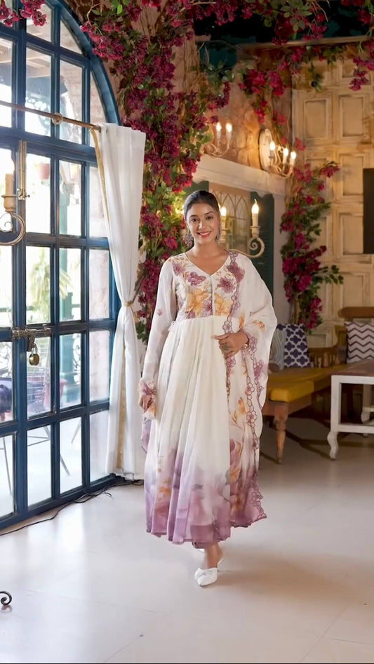 Adorable White Embroidery Work Organza Gown