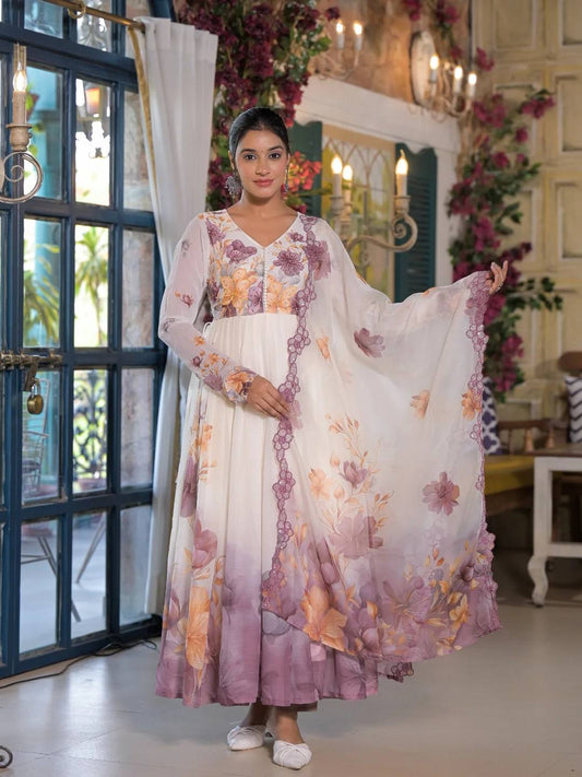 Adorable White Embroidery Work Organza Gown