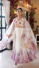 Adorable White Embroidery Work Organza Gown