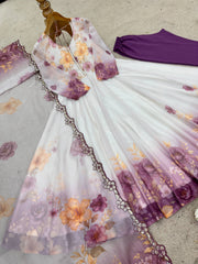 Adorable White Embroidery Work Organza Gown