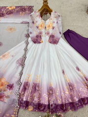 Adorable White Embroidery Work Organza Gown