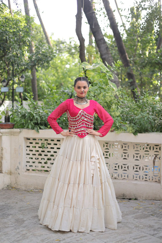 Pink Color Mirror Work Lehenga Choli For Navratri Wear