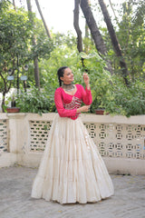 Pink Color Mirror Work Lehenga Choli For Navratri Wear