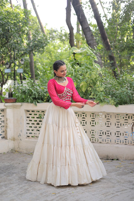 Pink Color Mirror Work Lehenga Choli For Navratri Wear