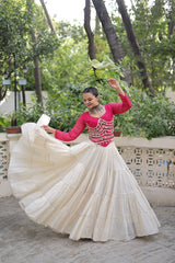 Pink Color Mirror Work Lehenga Choli For Navratri Wear