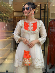 Marvelous Orange Color Embroidery Work Co-Ord Set