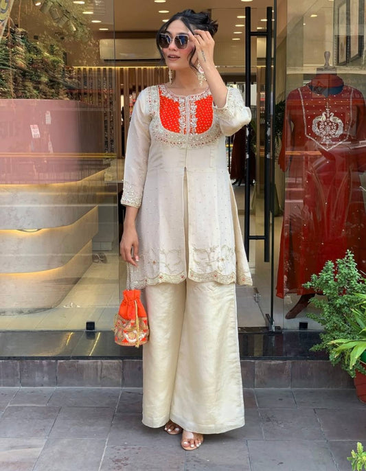 Marvelous Orange Color Embroidery Work Co-Ord Set