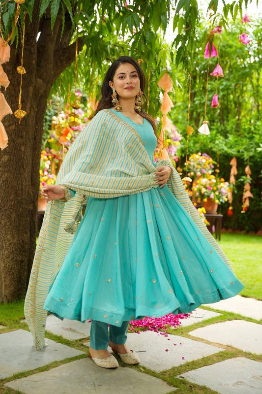 Attractive Sky Blue Georgette Work Palazzo Suit