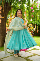 Attractive Sky Blue Georgette Work Palazzo Suit