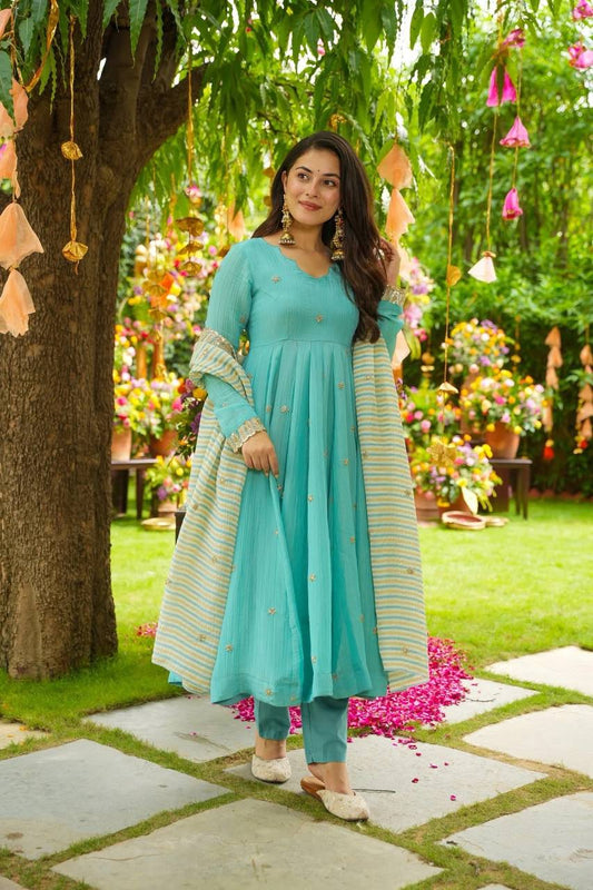 Attractive Sky Blue Georgette Work Palazzo Suit