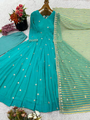 Attractive Sky Blue Georgette Work Palazzo Suit