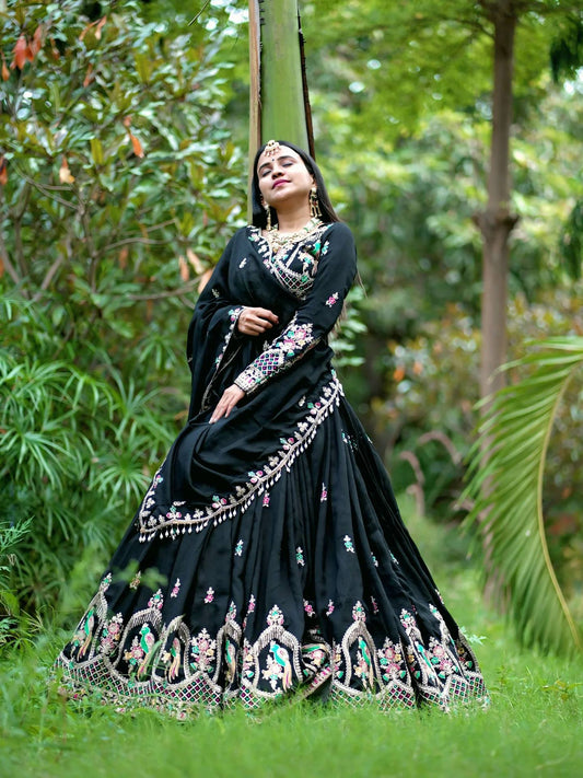 Glorious Black Chinon Embroidery Work Lehenga Choli