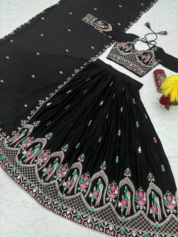 Glorious Black Chinon Embroidery Work Lehenga Choli