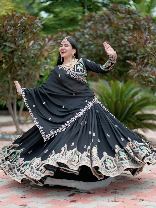 Glorious Black Chinon Embroidery Work Lehenga Choli