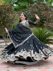 Glorious Black Chinon Embroidery Work Lehenga Choli