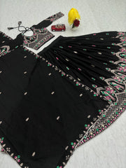 Glorious Black Chinon Embroidery Work Lehenga Choli