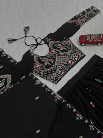 Glorious Black Chinon Embroidery Work Lehenga Choli