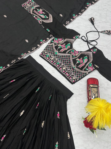 Glorious Black Chinon Embroidery Work Lehenga Choli