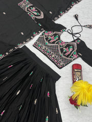 Glorious Black Chinon Embroidery Work Lehenga Choli