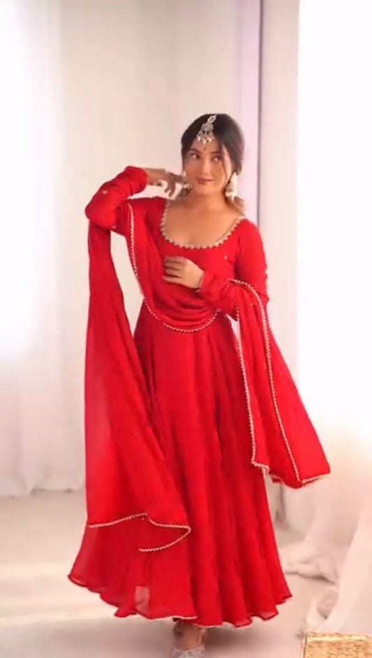 Glorious Red Georgette Hand Work Gown