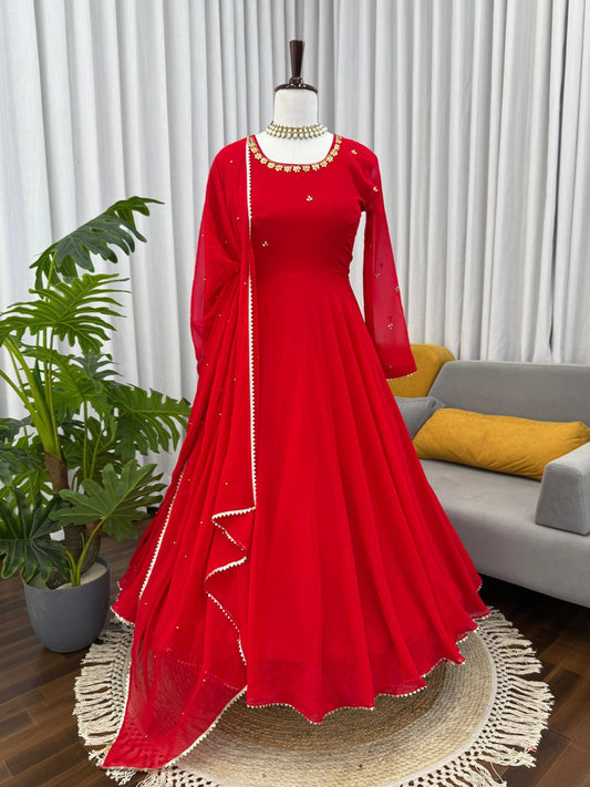 Glorious Red Georgette Hand Work Gown