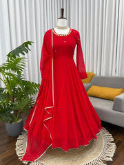 Glorious Red Georgette Hand Work Gown