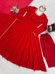 Glorious Red Georgette Hand Work Gown