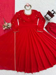 Glorious Red Georgette Hand Work Gown