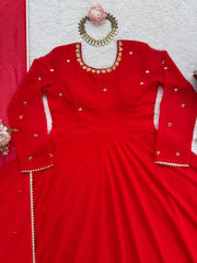 Glorious Red Georgette Hand Work Gown