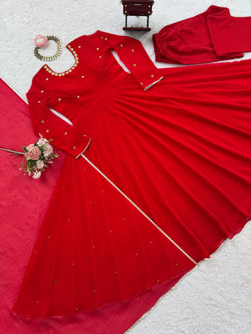 Glorious Red Georgette Hand Work Gown