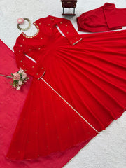 Glorious Red Georgette Hand Work Gown