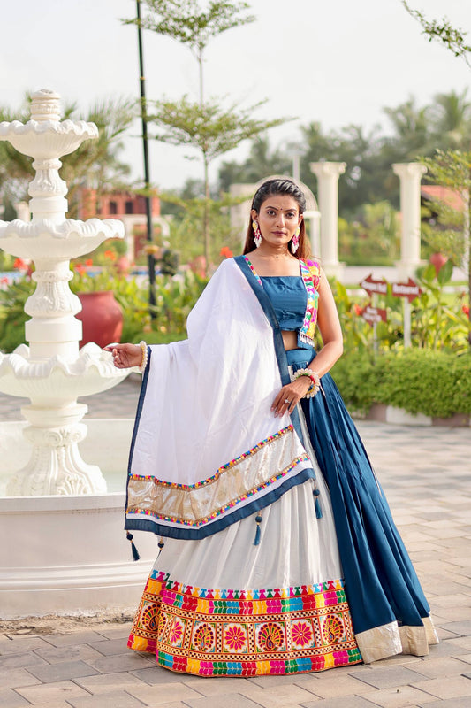 Gorgeous Blue Cotton Gamthi Work Lehenga Choli