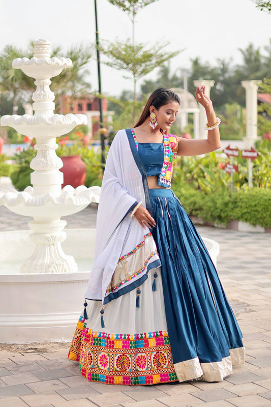 Gorgeous Blue Cotton Gamthi Work Lehenga Choli