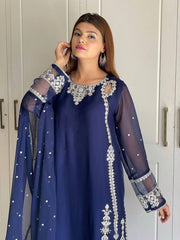 Ravishing Navy Blue Georgette Embroidery Sequence Suit
