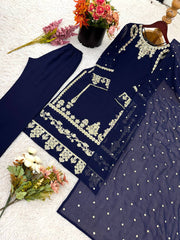 Ravishing Navy Blue Georgette Embroidery Sequence Suit